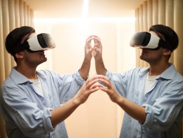 Young man with vr goggle touching mirror and his reflection during virtual experience in another reality